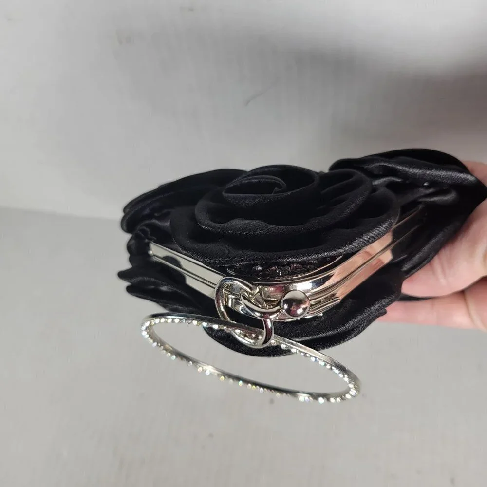 Black Satin Rose Classic Elegant Rhinestone Silver Handle Triangle Clutch Purse
